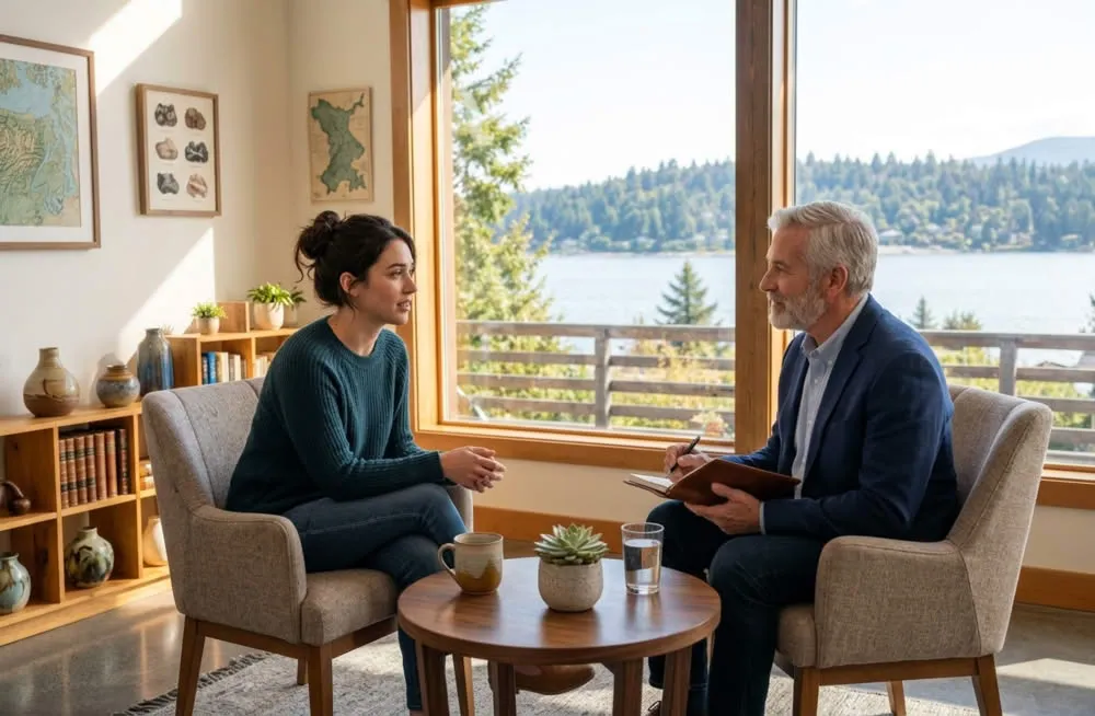 Serene therapy room overlooking Lake Sacajawea with comfortable armchair and lake views